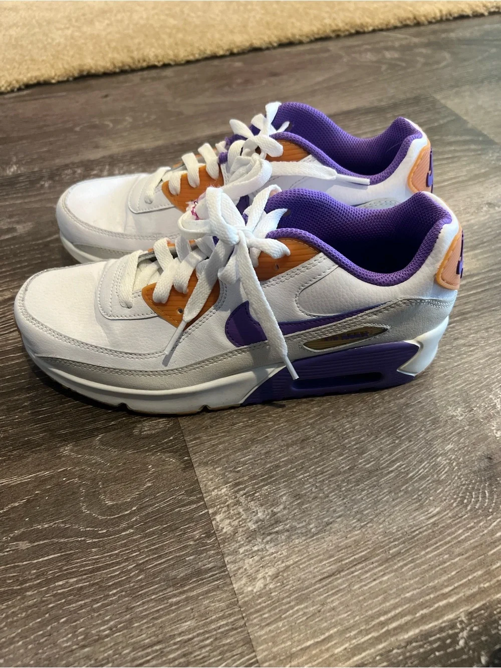 Nike Air Max White Sneakers with Purple Interior and Orange Lace Details 5.5Y